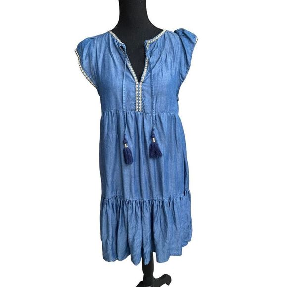 Tommy Bahama Women's Blue Boho Embroidered Tassel Tiered Tencel Dress Size Small - Picture 8 of 15